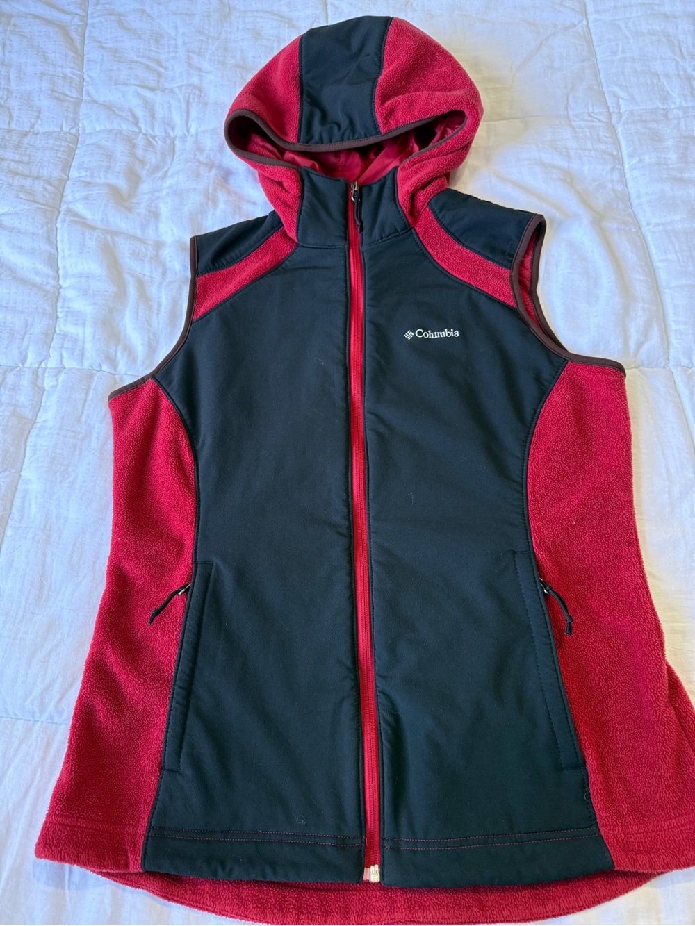 Columbia Black and Red Hooded Fleece Vest